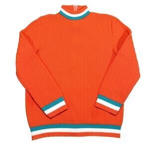 Vintage 70s BodinKnits Orange Knit Sweater Sz 12 Mock Neck Stripe Trim USA